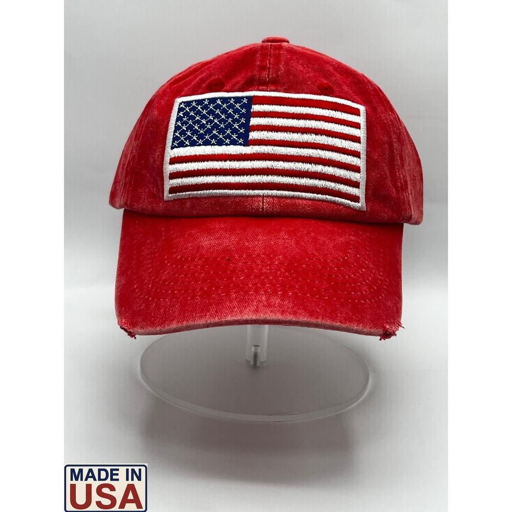 Fabric Washed US Flag Hat Red | Made in USA | Adjustable Dad Cap Vintage Style - Picture 4 of 9
